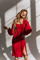 Стильное платье красное рукав фонарик S-M M-L(42-44 44-46 48)  платье приталенное с красивым разрезом миди