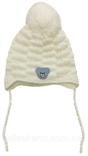 Шапока в'язана з аплікацією Ведмедик, з бубончиком і зав'язками 13128, фото 1
