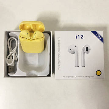 Бездротові навушники bluetooth-навушники i12 5.0 з кейсом. Колір жовтий (WS)