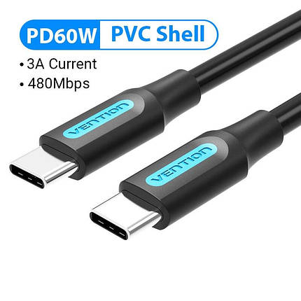Кабель Type-C-Type-C Vention TPE Round PD 60W 3A 480Mbps 1m Black (COSBF), фото 3