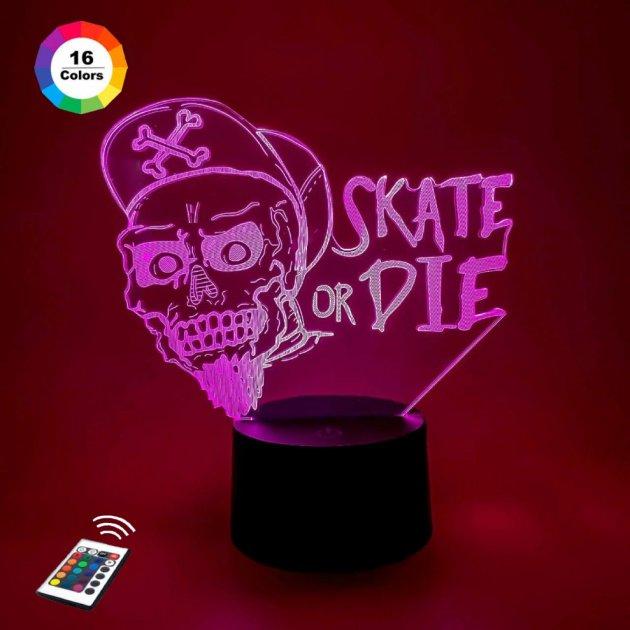 3D нічник "Skate or Die" (ВОЛІЧНЕ ЗОБРАЖЕННЯ)+ пульт ДК + мережевий адаптер + батарейки (3ААА) 3DTOYSLAMP