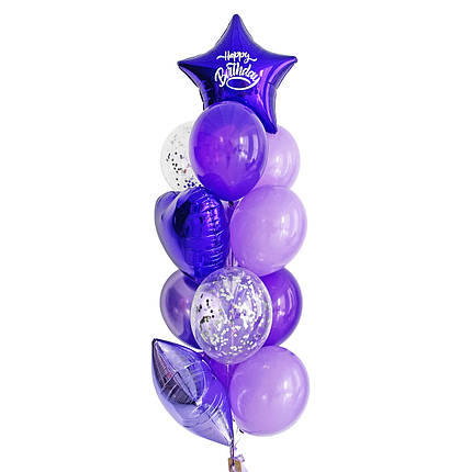 Зв'язка повітряних кульок з фіолетовими зірками і написом "Happy Birthday", фото 2