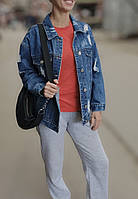 Женская рванная джинсовая куртка синего цвета от POP7 oversize на пуговицах свободная M