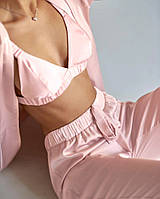 Пижама женская шелковая. Комплект домашний атласный тройка с длинным рукавом, штанами и топом (розовый)