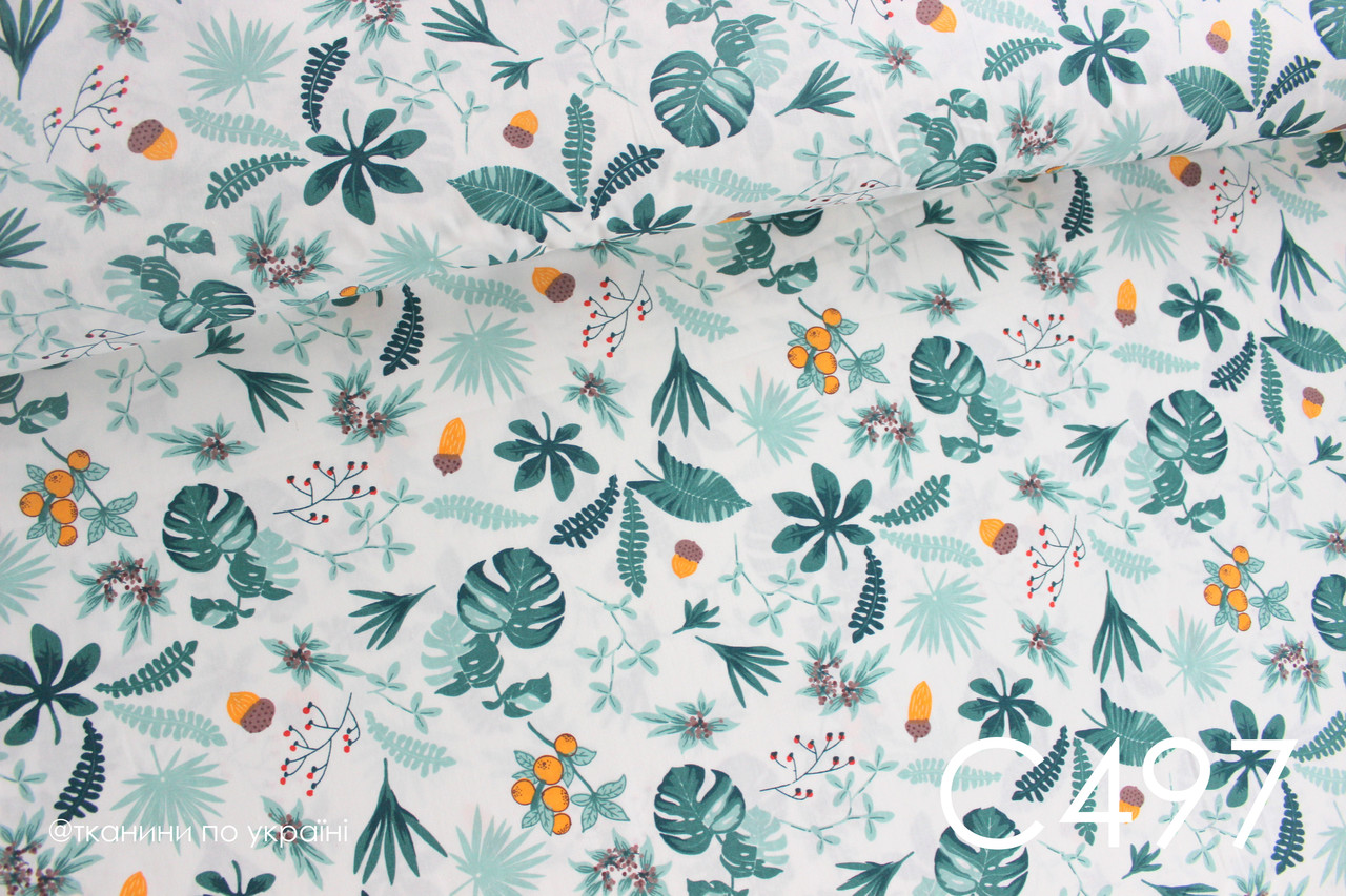 Тканина сатин Листя з ягодами