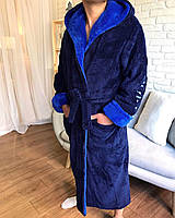 Теплый темно синий махровый мужской халат с надписью