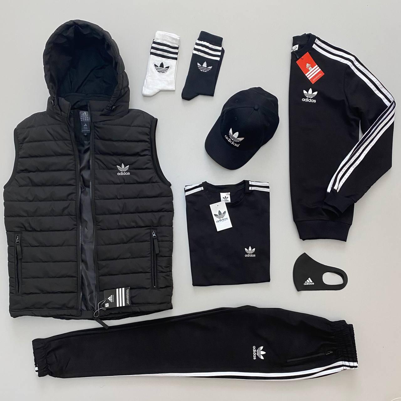 Чоловічий костюм Adidas 5в1 + Жилетка + Футболка + Кепка + Шкарпетки чорний Адідас весняний