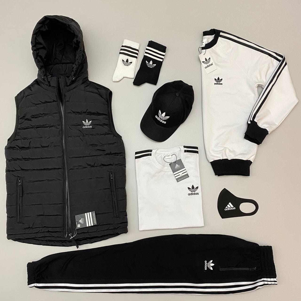 Чоловічий костюм Adidas 5в1 + Жилетка + Футболка + Кепка + Шкарпетки чорний з білим Адідас весняний