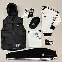 Мужской спортивный костюм Adidas набор 8в1 в полоску черный с белым Адидас весенний осенний