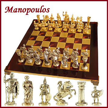 Ексклюзивні шахи виробництва Греція Manopoulos Греко-римські латунь дерев'яний футляр Червоний 44х44 см