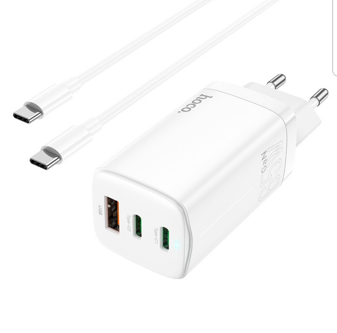 Мережний Зарядний пристрій 1USB + 2Type-C Hoco N16 65W White + Cable Type-C to Type-C