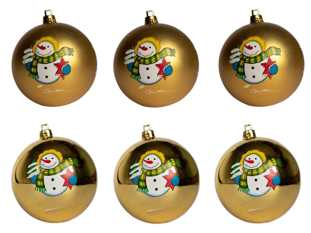 УЦІНКА Набір ялинкових іграшок - кулі, 6 шт, D8 см, золотистий з малюнком, пластик (030361-2), фото 1