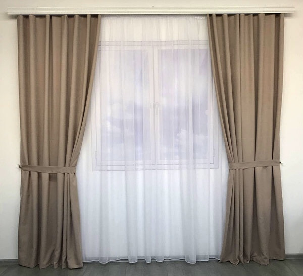 Комплект штор на тасьмі з тюлем Штори мікровелюр + тюль шифон 400х270 Штори з підхватами Колір Коричневий, фото 1