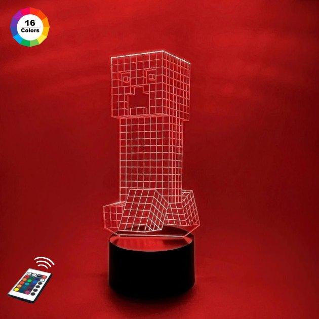 3D нічник "Крипер" (ВОЛІЧНЕ ЗОБРАЖЕННЯ) + пульт ДК + мережевий адаптер + батарейки (3 ААА)  3DTOYSLAMP