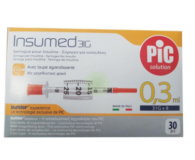 Insumed 0.3*8 мм 0.3 мл U-100 Інсуліновий шприц з інтегрованою голкою 30G (упаковка 30 шт), фото 1