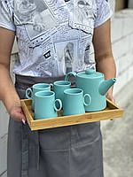Набор чайный чайник и 4 кружки на подносе "Монако" Голубой