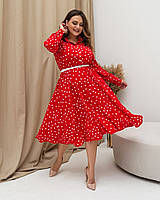 Женское стильное яркое платье в горошек с поясом №449 (р.46-48) красный, фото 1