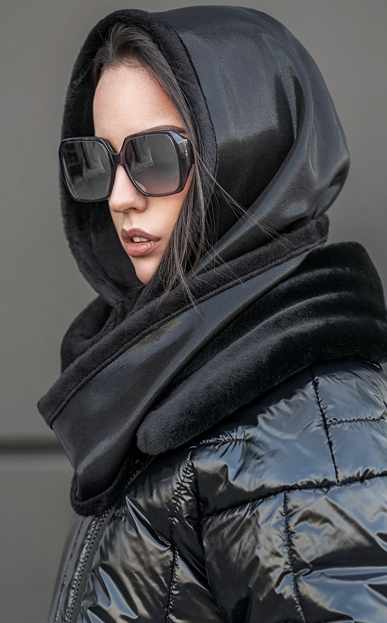 КАПОР жіночий на флісі, шапка капюшон косинка шарф снуд чорний теплий осінь/зима - фото 1 - id-p1059387724