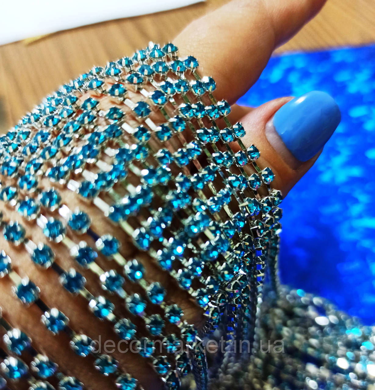 Ланцюг стразовий срібло з бірюзовими камінням, фото 1