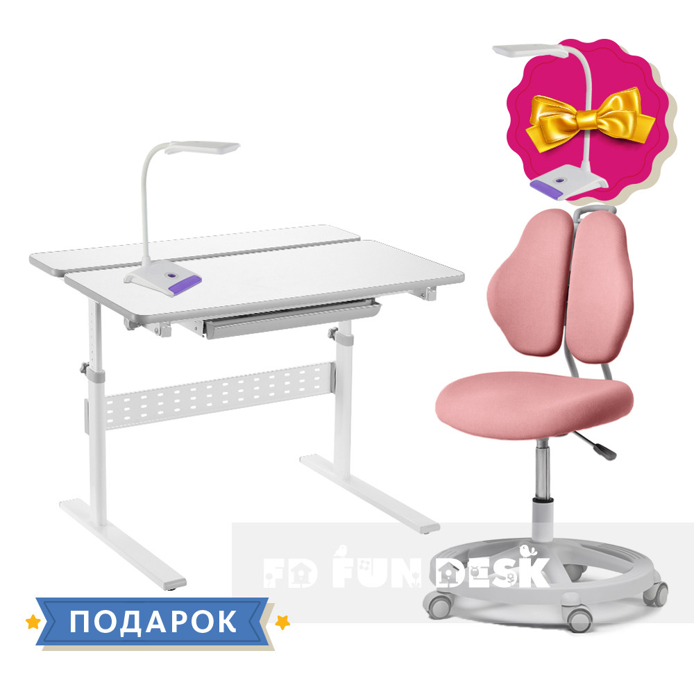 Комплект для дівчинки парта Fundesk Colore Grey + ергономічне крісло Fundesk Pratico II Pink