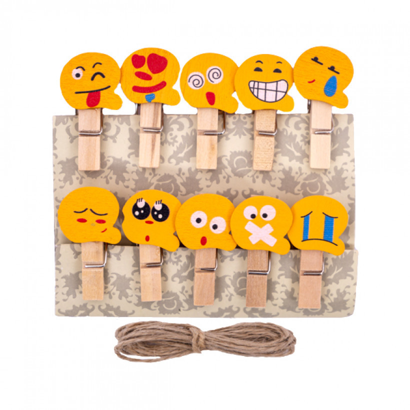 Прищіпки декоративні Color Емодзі 10 штук з мотузкою 3,5 см арт.4-201-4, фото 1