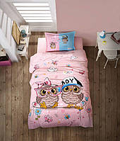 Детский полуторный комплект постельного белья для девочки подростка Aran CLASY Совы Ранфорс 160x220 см