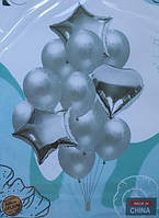 Набор серебрянных фольгированных и латексных шаров 12 шаров ( 9 латесных+ 3 фольгированных