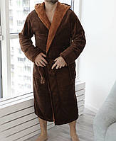 Теплый махровый мужской халат, длинный, на запах, больших размеров, батал, с капюшоном р.58,60,62 коричневый