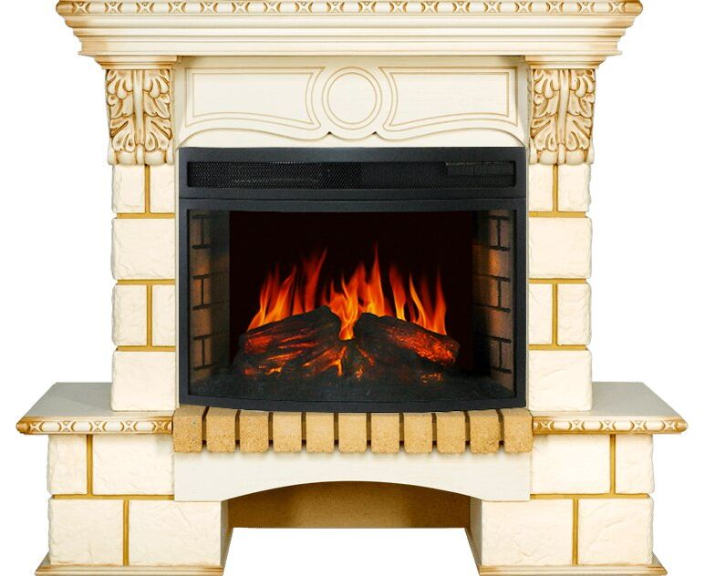 Кутовий камін Fireplace Манчестер Слонова кістка + Патина з ефектом полум'я зі звуком і обігрівом