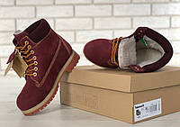 Женские зимние ботинки Timberland 6 Inch Premium Тимберленд Премиум бордовые натуральный нубук, мех 36-41