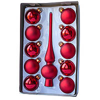 Набор елочных игрушек шары с верхушкой, 11 шт, D6 см, красный, стекло