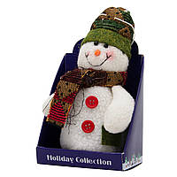 Елочная игрушка мягкая Снеговик с зеленым шарфом, 14 см, белый с зеленым, текстиль