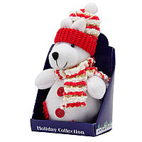 Елочная игрушка мягкая Белый медведь с красным шарфом, 14 см, 14 см, белый с красным, текстиль