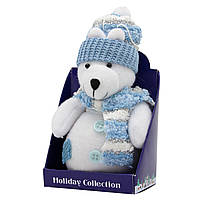 Елочная игрушка мягкая Белый медведь с голубым шарфом, 14 см, белый с голубым, текстиль