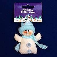Елочная игрушка мягкая Голубой Снеговик, 9 см, белый с голубым, текстиль