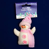 Елочная игрушка мягкая Снеговик в розовой шапке и шарфе, 9 см, белый с розовым, текстиль