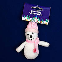 Елочная игрушка мягкая Розовый Медведь, 9 см, белый с розовым, текстиль