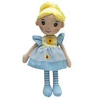 Мягкая игрушка кукла с вышитым лицом, 36 см, один желтый цветок, голубое платье