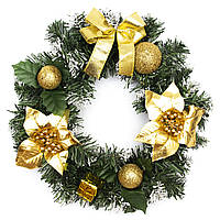 Венок рождественский, золотистый декор, 30 см, зеленый