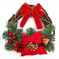 Венок рождественский с цветком, красный декор, 20 см, зеленый