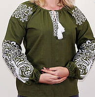 Етнічна жіноча вишиванка з 100 % льону в кольорі хакі, фото 1