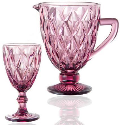 Набір стаканів для напоїв Elodia   Грані   6 фужерів 320мл і глечик 1.1 л, рожеве скло | HomeDreams