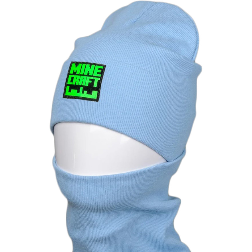 Дитяча і підліткова трикотажна шапка і баф (хомут) з нашивкою на весну / осінь, блакитний, фото 1