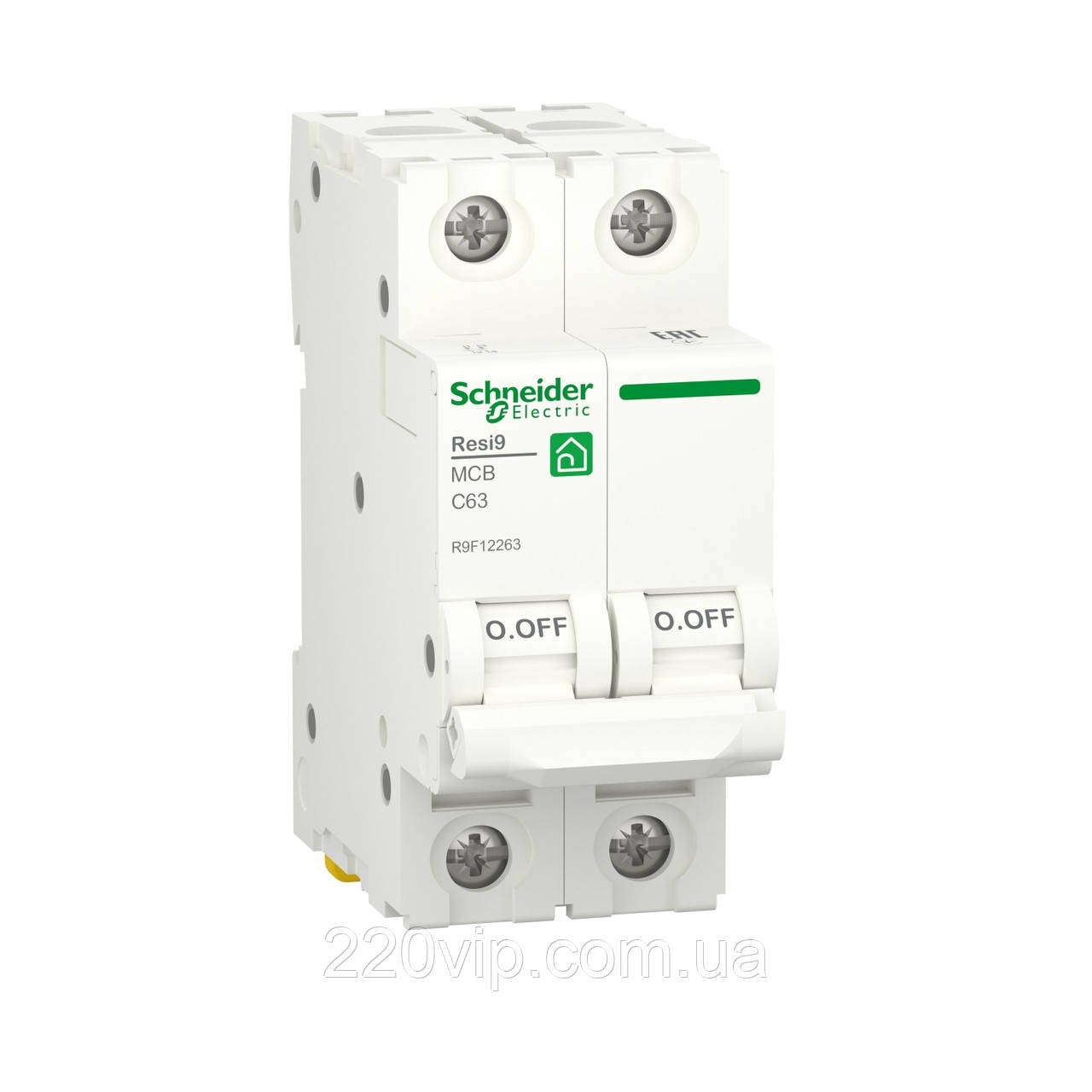2P 63А C 6kA RESI9 Автоматичний вимикач Schneider-Electric двополюсний, R9F12263, модульний Шнайдер