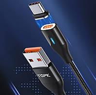Магнитный USB кабель в оплётке TOPK AM63 быстрая зарядка и передача данных Черный, Type-C