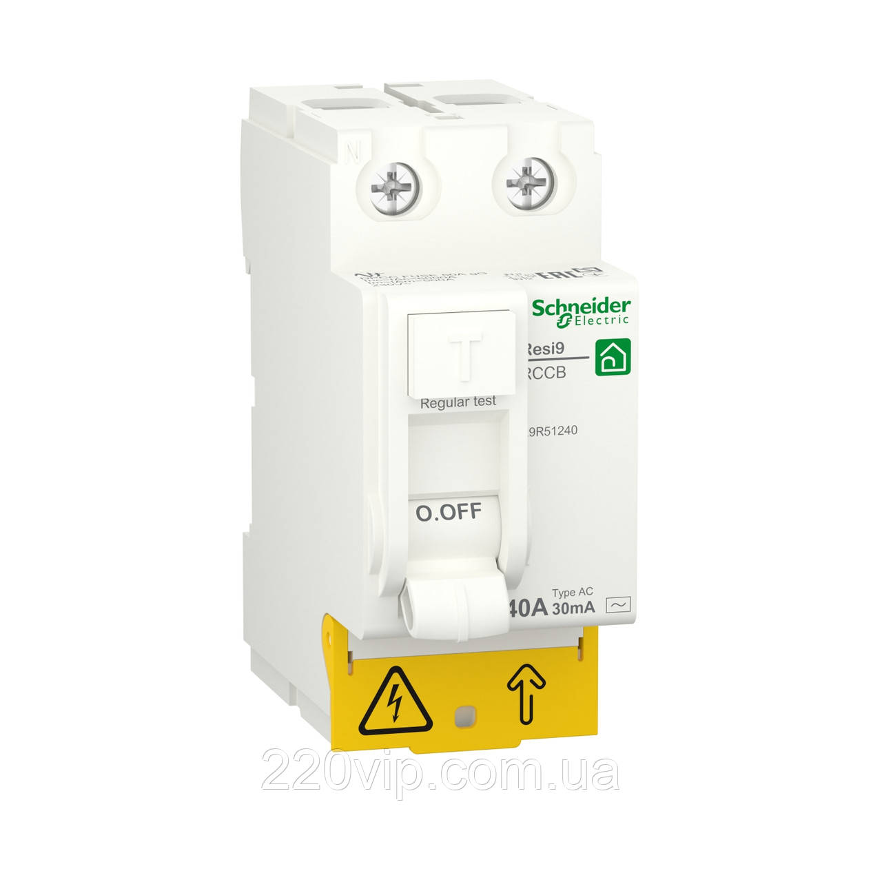 2P 40A 30mA АС ПЗВ RESI9 SCHNEIDER ВДТ, диференціальне реле R9R51240, диференціальний вимикач струму
