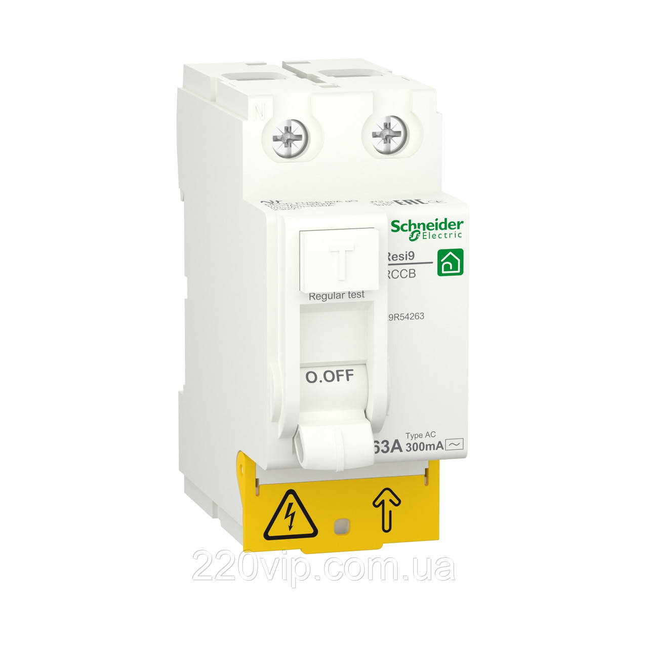 2P 63A 300mA АС ПЗВ RESI9 SCHNEIDER ВДТ, диференціальне реле R9R54263, вимикач диференціального струму