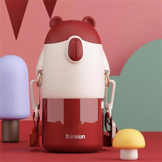 Дитячий Термос с трубочкою і ремінцем 450 мл Грайливий Ведмідь FANSON червоний