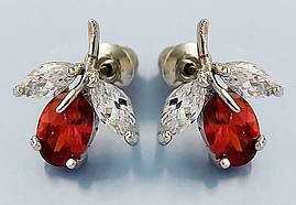 Сережки-гвоздики ХР з червоними та білими цирконами. Родій. Довжина: 13 мм.