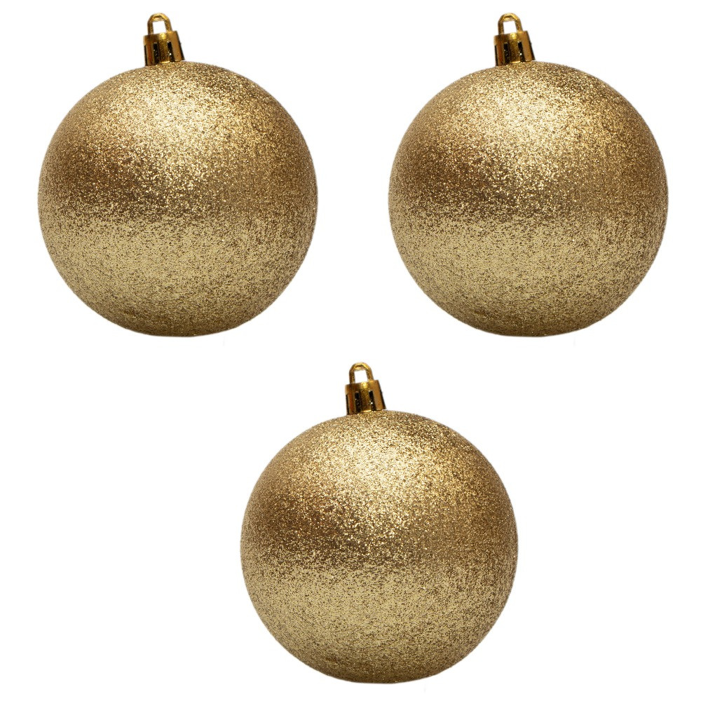 Набір ялинкових іграшок - кулі, 3 шт, D8 см, золотистий, гліттер, пластик (030675-2), фото 1